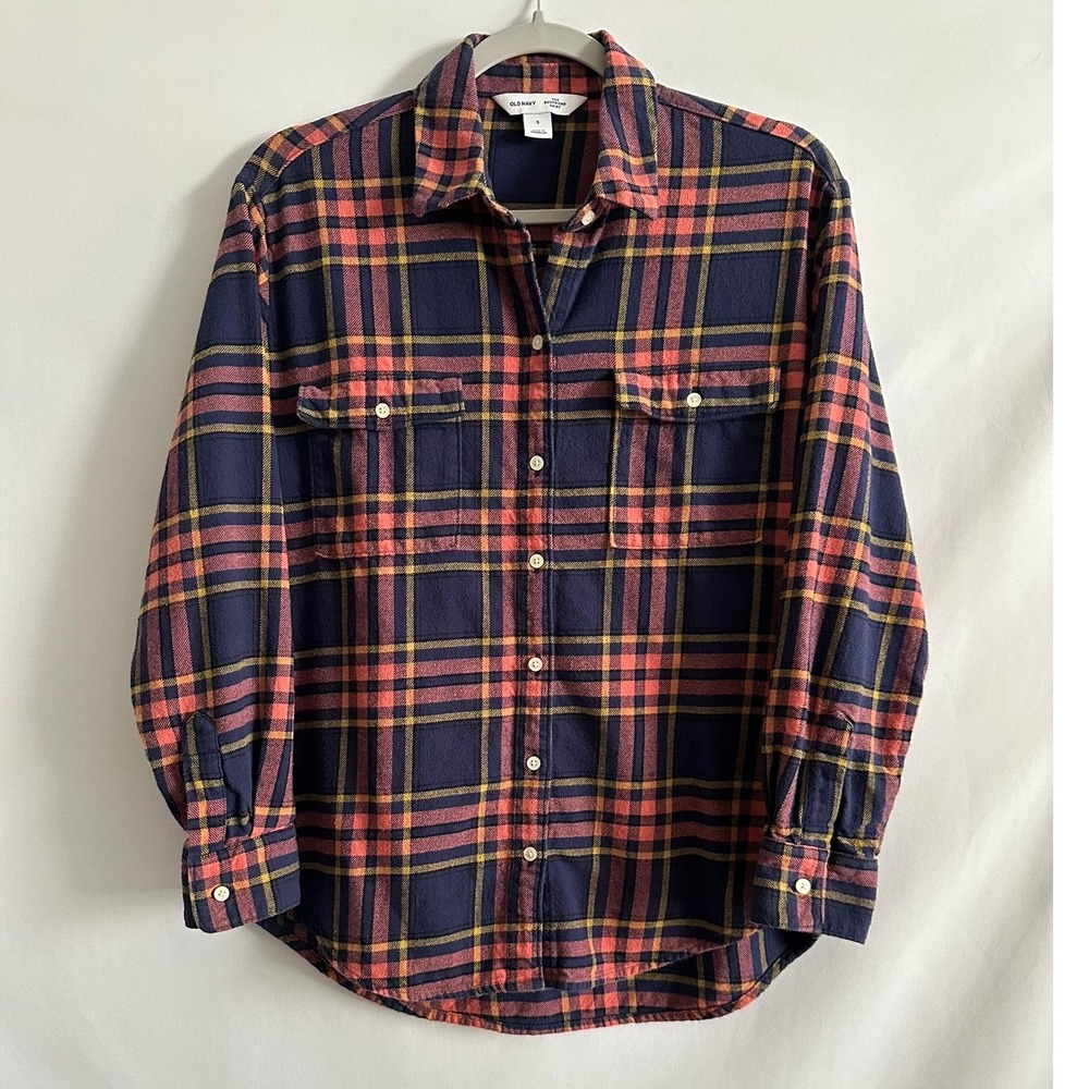 Old Navy Boyfriend Flannel Shirt S Dark Star Plaid Academia Cabincore Casual